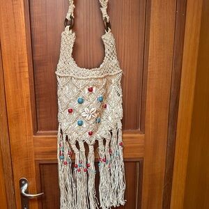 Handcrafted Cream Macramé Bag with Beaded Accents